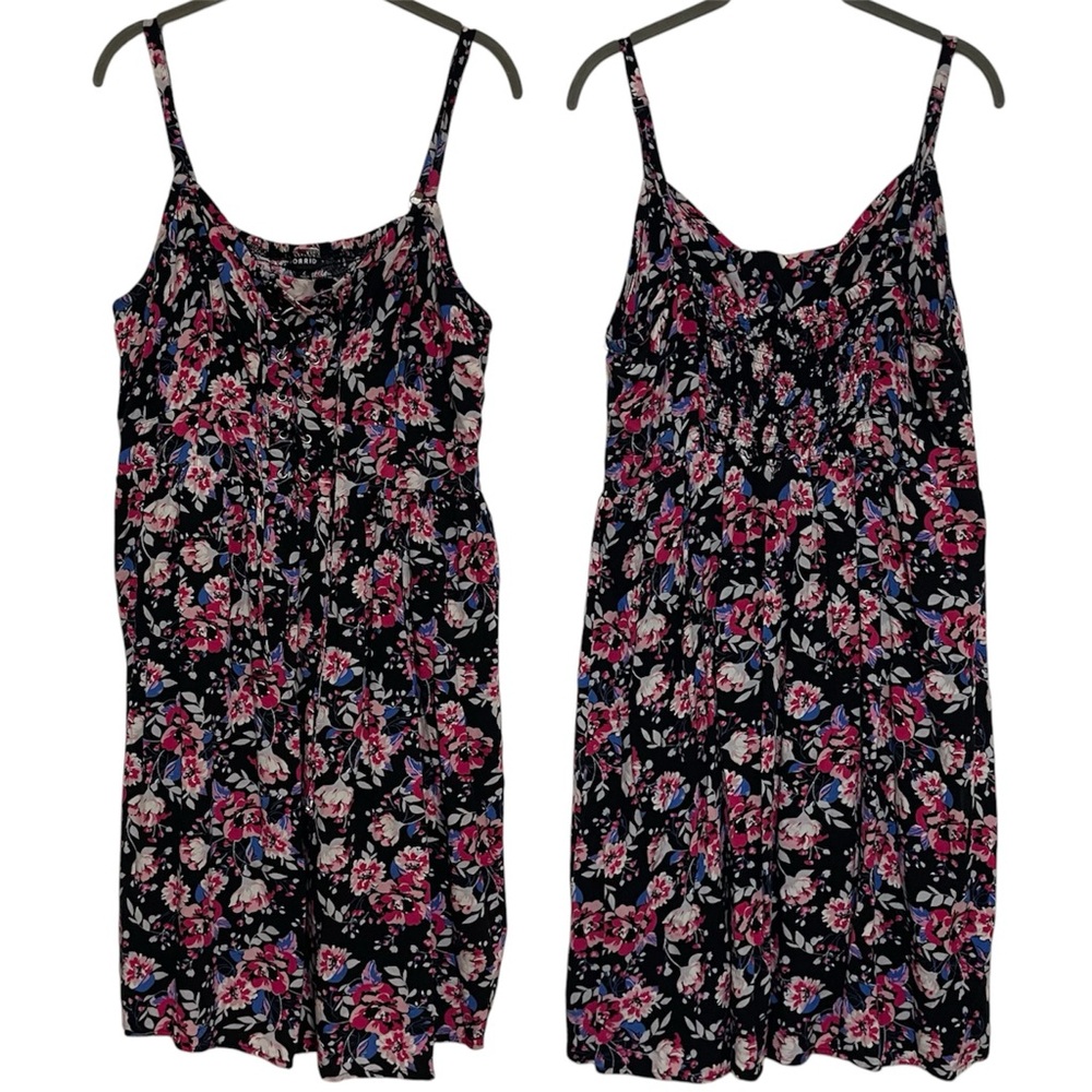Torrid Black Pink Floral Challis Lace-Up Front Tank Dress Size 2X